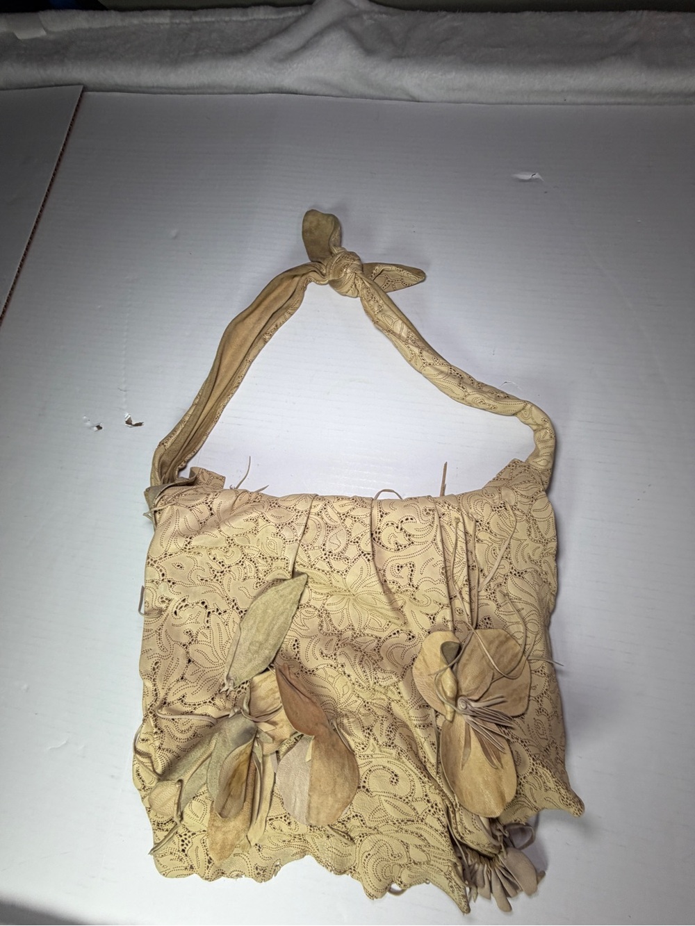 Beige Floral Lace Leather Shoulder Bag with Knotted Strap Italian Designer